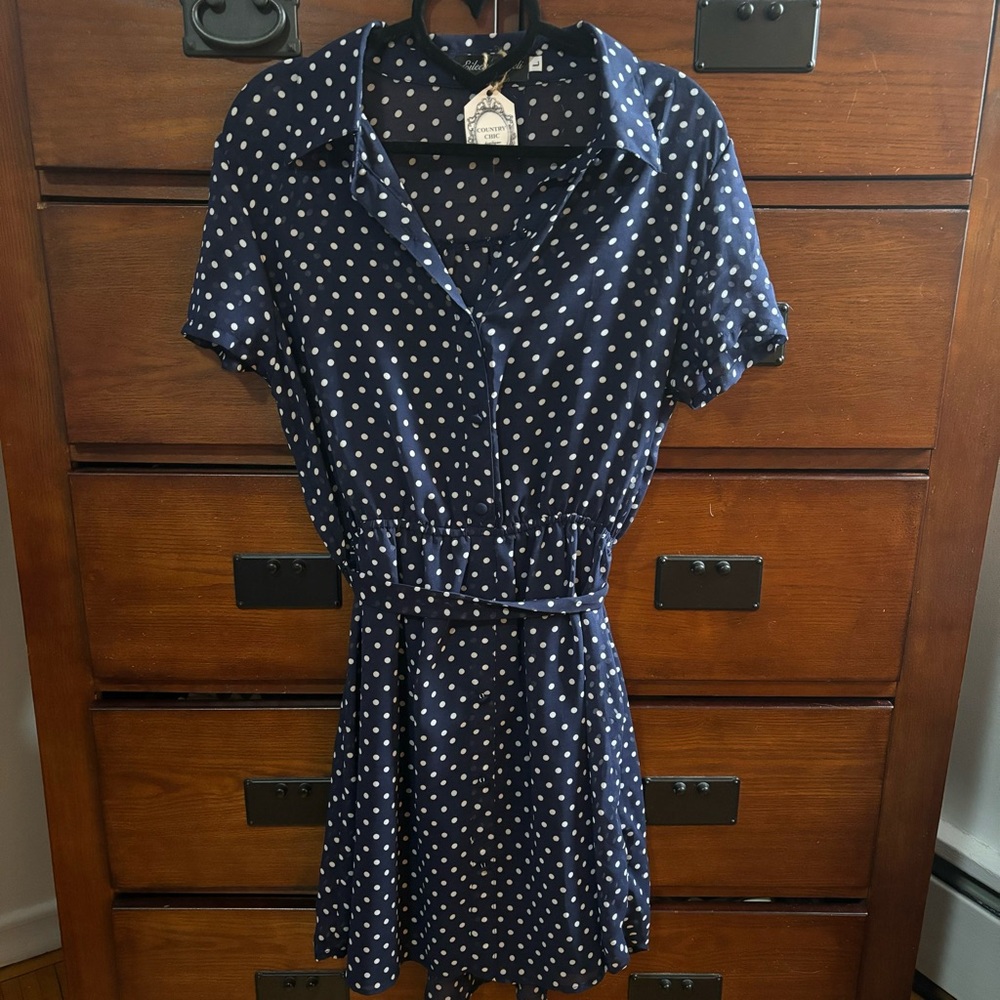 Navy w White Polka Dot Semi Sheer Lined Dress, Eileen Angeli, Sz lg (fits small)
